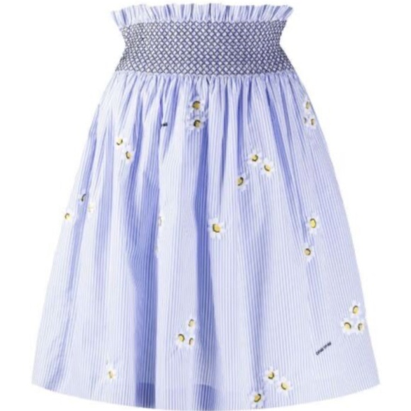 NWT Miu Miu Blue/White Striped Cotton Poplin Skirt w/ Floral Embroidery sz 38